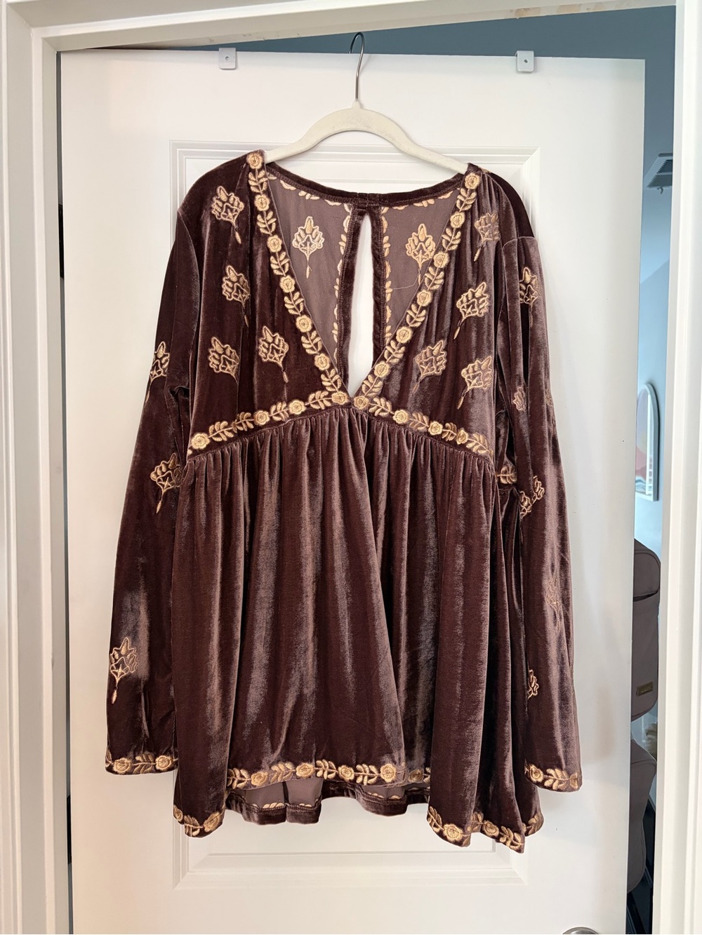 POL Embroidered Velvet Tunic Top in Chocolaty Brown